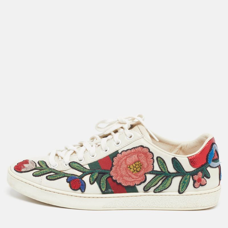 Gucci Ace Web Size 37.5 White Leather Floral Embroidered Low Top Sneakers
